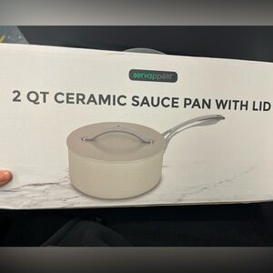 Cream Ceramic Sauce Pan with Lid - 2 QT
